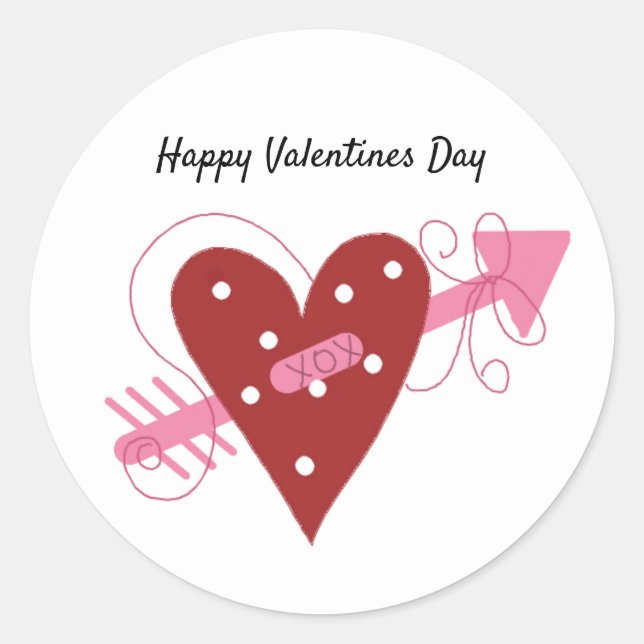Pegatina Redonda Corazón Rojo Con Día de San Valentín De Flecha (Anverso)