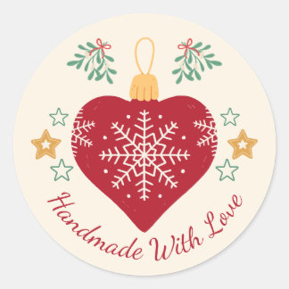 Pegatina Redonda Corazón Rojo Hecho a Mano con Amor Navidad y Días