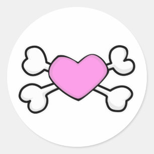Pegatina Redonda Corazón rosa Calavera y huesos cruzados