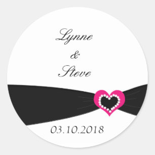 Pegatina Redonda Corazón Rosa con Cinta Negra Save the Date