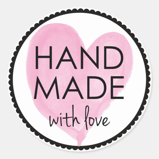 Pegatina Redonda Corazón rosa hecho a mano con amor (Anverso)