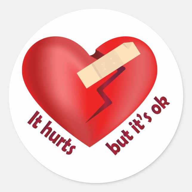 Pegatina Redonda Corazón roto sanado con parche y cita de vida (Anverso)