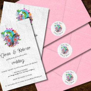 Pegatina Redonda Corazón Rústico Floral Boda Mexicana