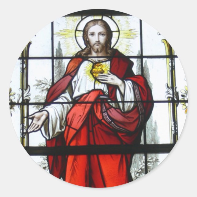 Pegatina Redonda Corazón sagrado de Jesús Cristal Manchado Ventana  (Anverso)