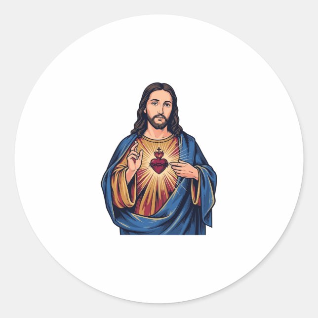 Pegatina Redonda Corazón Sagrado Grabado Antiguo Vector Religioso D (Anverso)