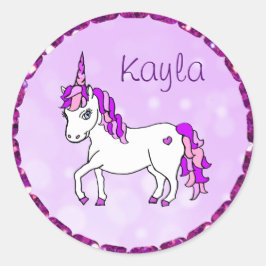 Pegatina Redonda Corazón unicornio con cuerno de arcoiris morado pe