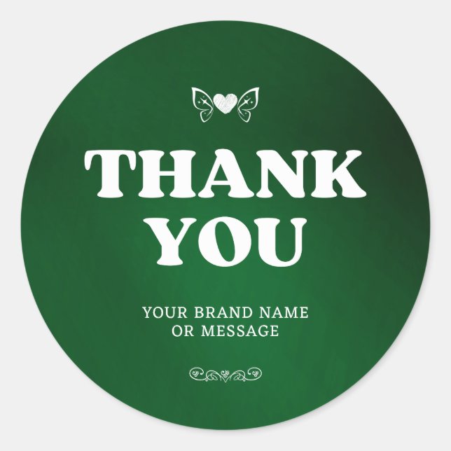 Pegatina Redonda Corazón Verde Alas Gracias Negocio Boda (Anverso)