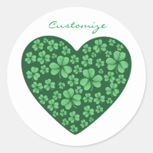 Pegatina Redonda corazón verde de Shamrock St Patrick's Day