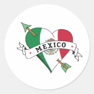 Pegatina Redonda Corazón y flecha de tatuaje con bandera mexicana