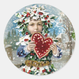 Pegatina Redonda "Corazón y nieve" Vintage Navidad