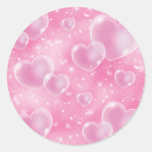 Pegatina Redonda Corazones Burbuja Rosados Estilo Cumpleaños Femeni