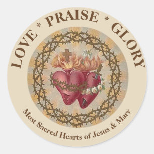 Pegatina Redonda Corazones católicos de Jesús Virgen María Religios