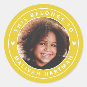 Pegatina Redonda Corazones cortos marco circular foto nombre escuel