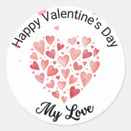 Pegatina Redonda Corazones de Acuarela "Feliz Día de San Valentín, 