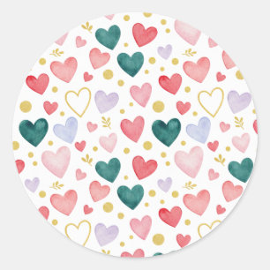 Pegatina Redonda Corazones de acuarela pastel caprichosos y hoja de