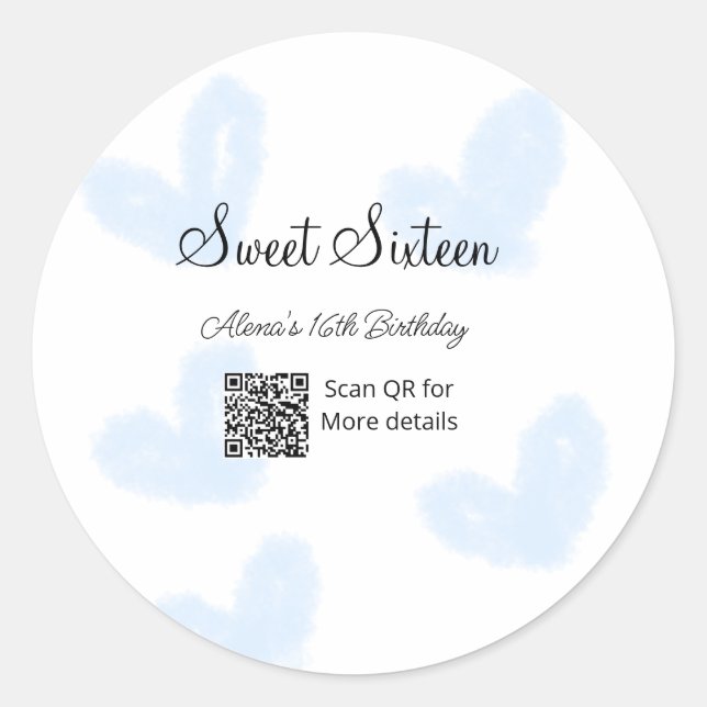 Pegatina Redonda Corazones de color azul QR Dulce cumpleaños (Anverso)