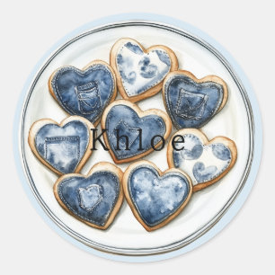 Pegatina Redonda Corazones de denim blanco azul
