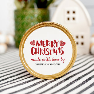 Pegatina Redonda Corazones de Feliz Navidad Hechos con Amor