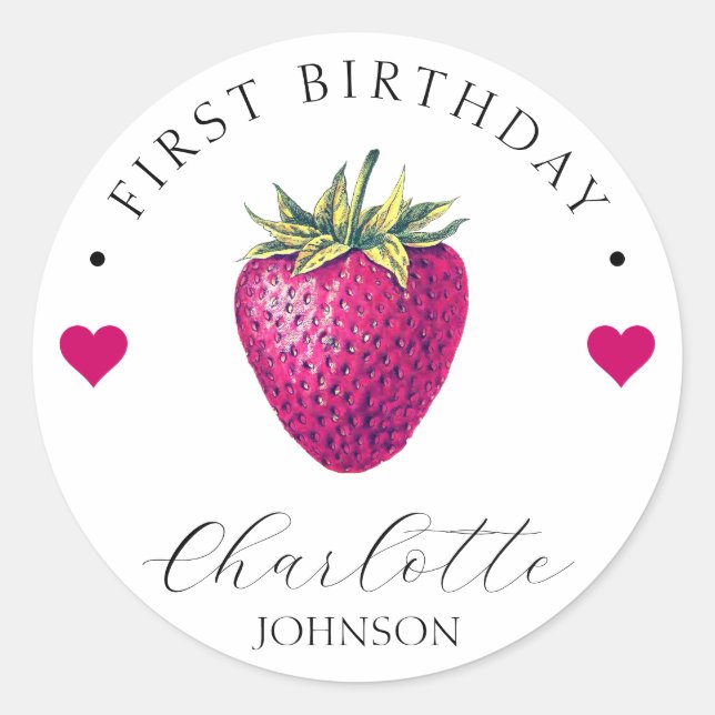 Pegatina Redonda Corazones de fresa Chica de cumpleaños blanco (Anverso)