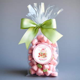Pegatina Redonda Corazones de fresas, lazo rosa Cumpleaños primero
