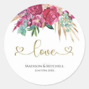 Pegatina Redonda Corazones de guion dorado elegantes con flor de ma