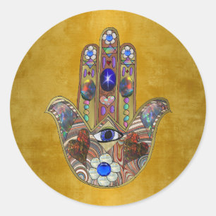 Pegatina Redonda Corazones de Hamsa Flores Ópalo Arte en Oro