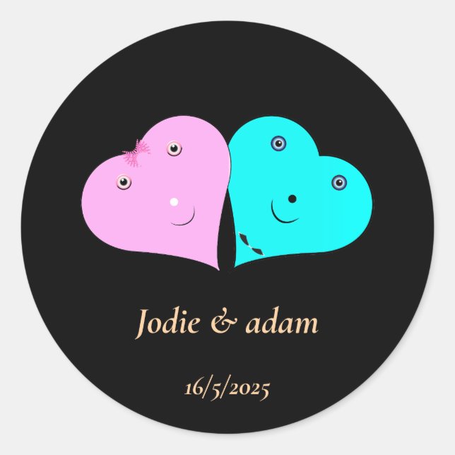 Pegatina Redonda corazones de mr y mrs (Anverso)