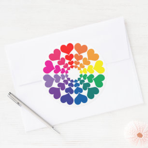 Pegatina Redonda Corazones de San Valentín de color arcoiris en una