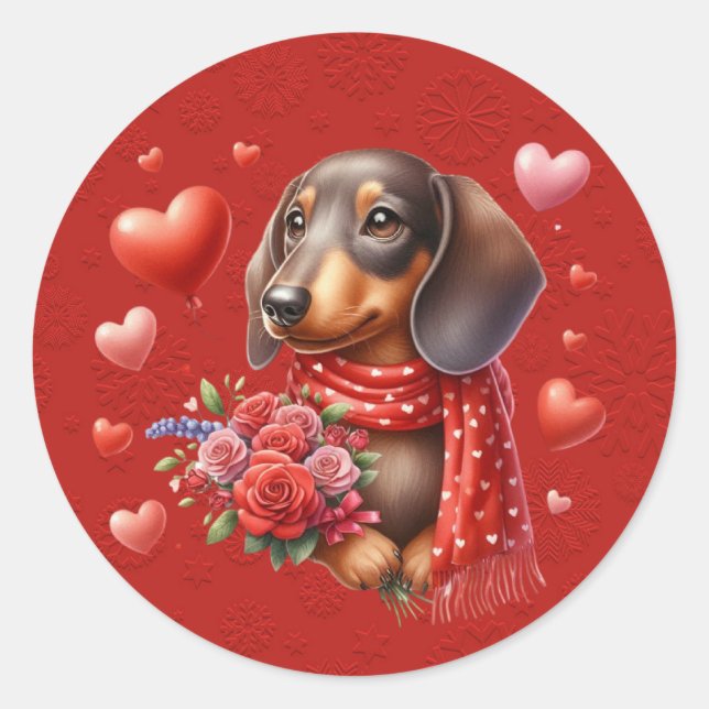 Pegatina Redonda Corazones de San Valentín rojos de perro de Dachsh (Anverso)