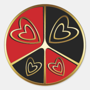 PEGATINA REDONDA CORAZONES DEL ORO, ROJOS Y NEGROS DE LA PAZ