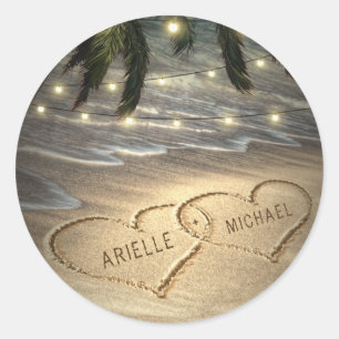 Pegatina Redonda Corazones en el Boda Sand Beach Shore Palm Tree
