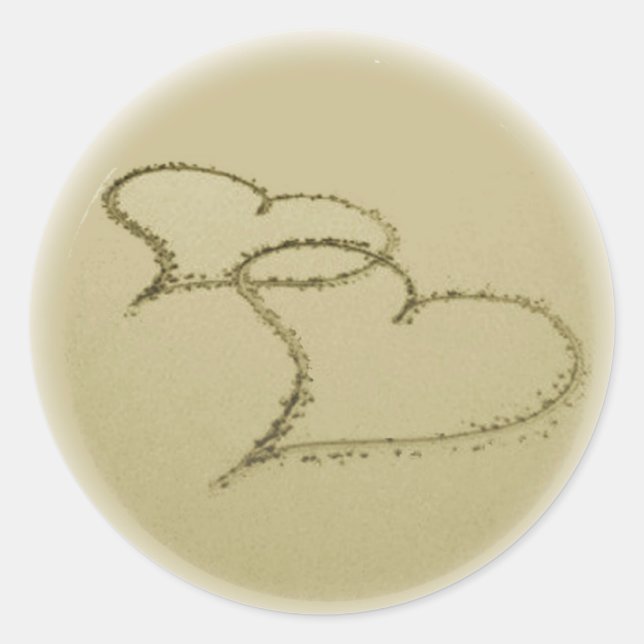 Pegatina Redonda Corazones En La Arena (Anverso)