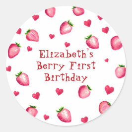Pegatina Redonda Corazones Fiestas de fresa de Berry First Birthday