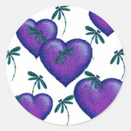 Pegatina Redonda Corazones morados y libélulas