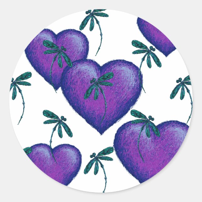 Pegatina Redonda Corazones morados y libélulas (Anverso)
