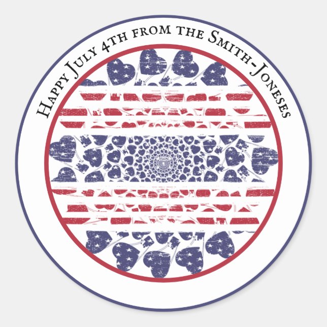 Pegatina Redonda Corazones patrióticos sicodélicos norteamericanos  (Anverso)