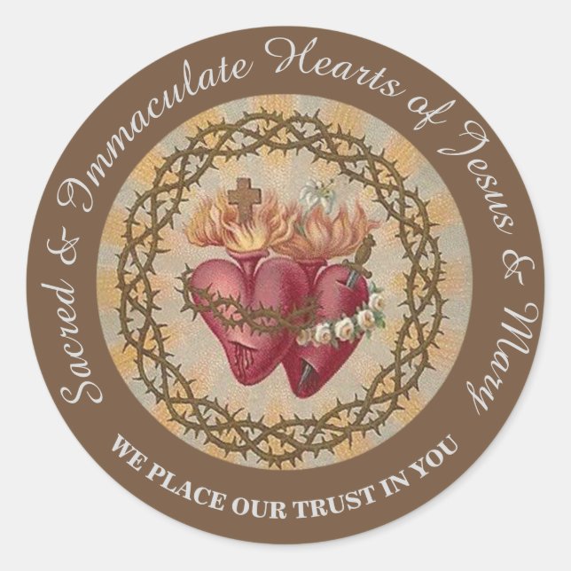 Pegatina Redonda Corazones personalizares de Jesús y de María Rosas (Anverso)