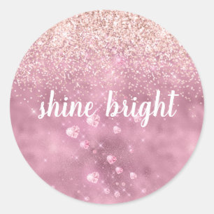 Pegatina Redonda Corazones Purpurinas Glitzy rosado