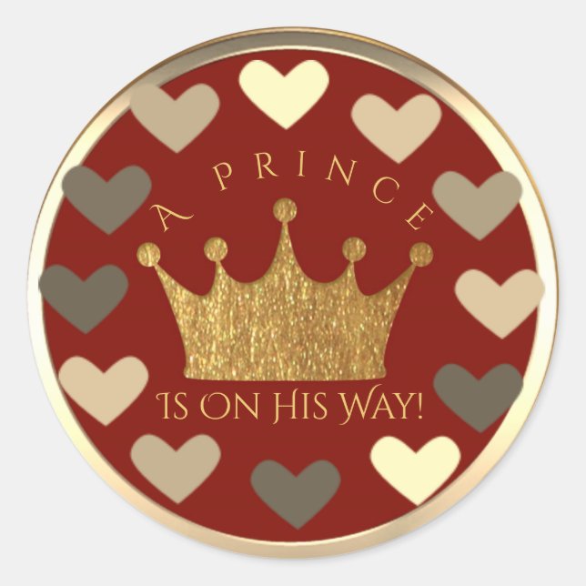 Pegatina Redonda Corazones Red Gold Crown Prince Baby Shower Favor (Anverso)