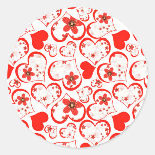 Pegatina Redonda Corazones rojos y flores sobre un blanco