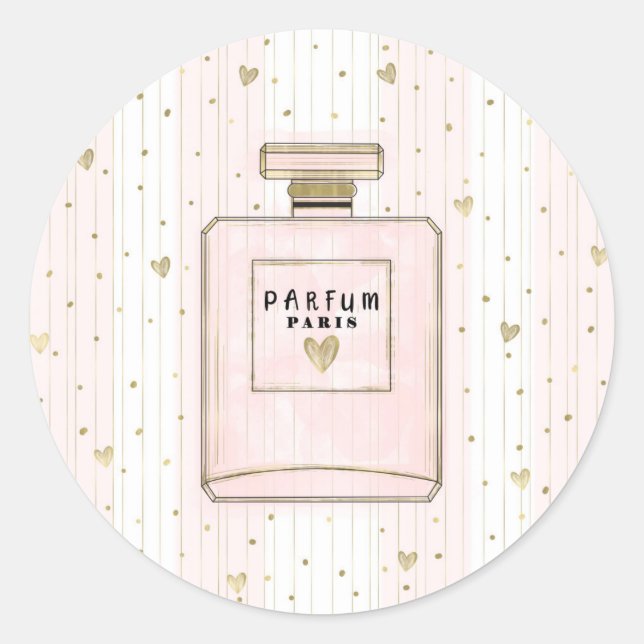 Pegatina Redonda Corazones Rosa y Oro París Perfume Chic Moda (Anverso)