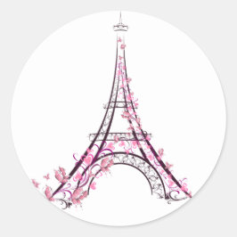 Pegatina Redonda Corazones rosas y mariposas Paris Torre Eiffel