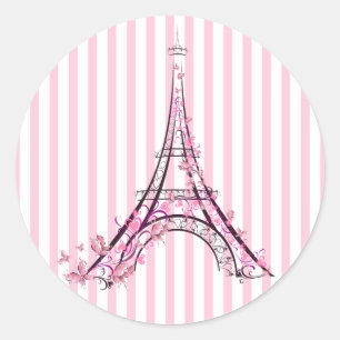 Pegatina Redonda Corazones rosas y mariposas París Torre Eiffel Fie