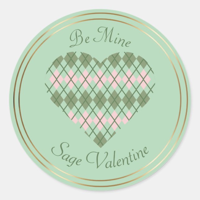 Pegatina Redonda Corazones Sage Corazón de Argyle Rosa y Verde  (Anverso)