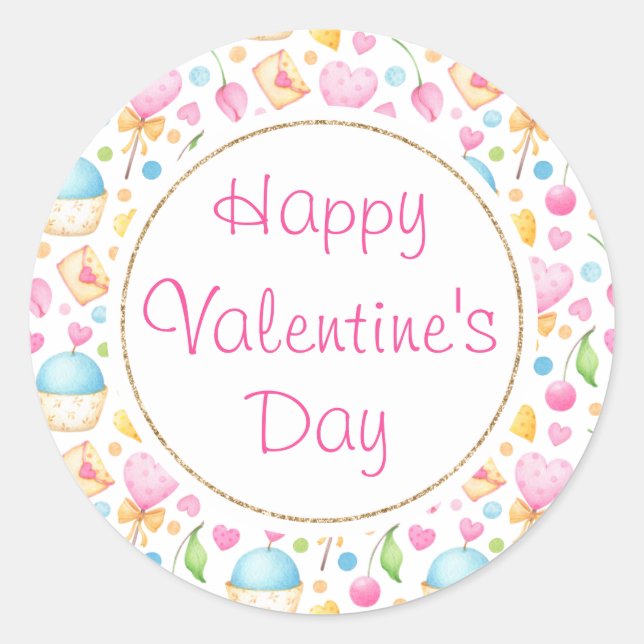 Pegatina Redonda Corazones y muffins Delightful Valentine (Anverso)