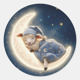 Pegatina Redonda Corderito durmiendo en una luna creciente