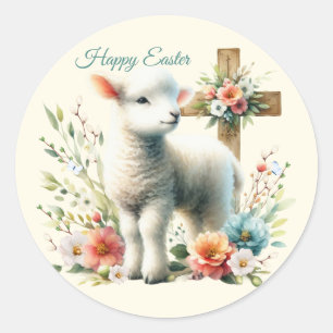 Pegatina Redonda Cordero de Pascua Personalizado Acuarela