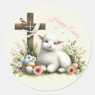 Pegatina Redonda Cordero de Pascua Personalizado Acuarela