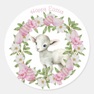 Pegatina Redonda Cordero de Pascua Personalizado Acuarela