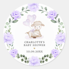 Pegatina Redonda Cordero lindo Bebé Oveja Morado Floral Vegetación